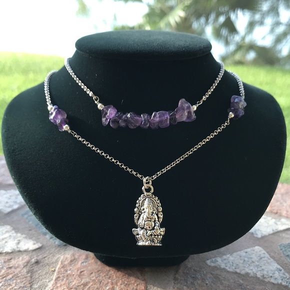 Amethyst ganesh necklace . Double layer Boho amethyst gemstones silver Ganesh - Picture 4 of 8